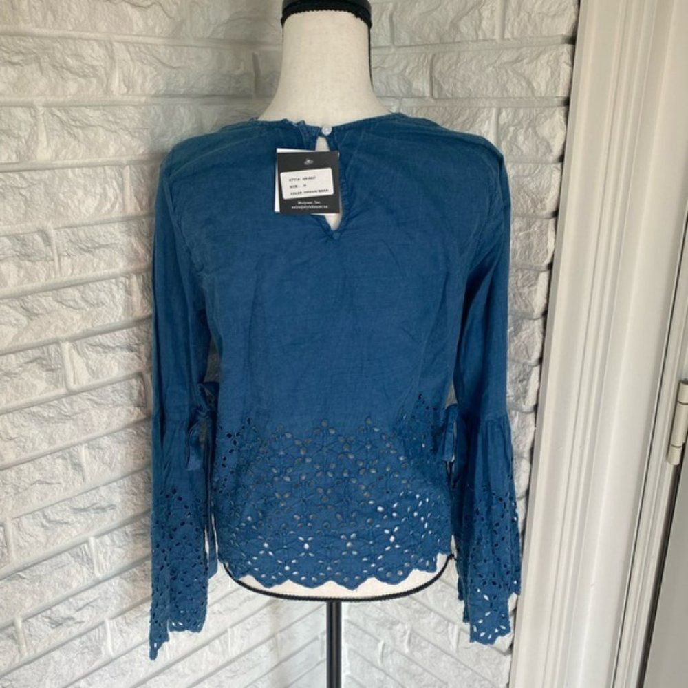 Blue Patterned Bell-Sleeve Top - Picture 6 of 8